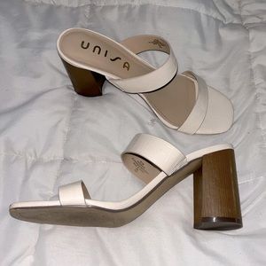 size 8 1/2 heels with white/cream snake skin print and a brown block heel